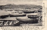Bilhete postal ilustrtado de Setúbal, Praia de banhos e Castelo São Filipe | Portugal em postais antigos